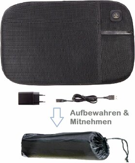 Thermru&reg; stadionkussen - Verwarmd zitkussen met 10.000mAh powerpack - 3 warmtestanden - Voor evenementen, camping, wintersport, thuis en rolstoelgebruik - Zwart - 58x37 cm