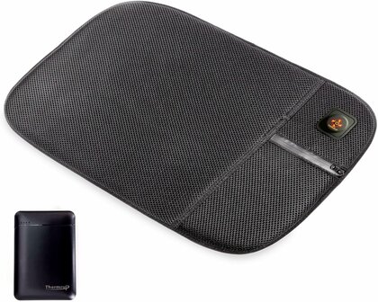 Thermru&reg; stadionkussen - Verwarmd zitkussen met 10.000mAh powerpack - 3 warmtestanden - Voor evenementen, camping, wintersport, thuis en rolstoelgebruik - Zwart - 58x37 cm
