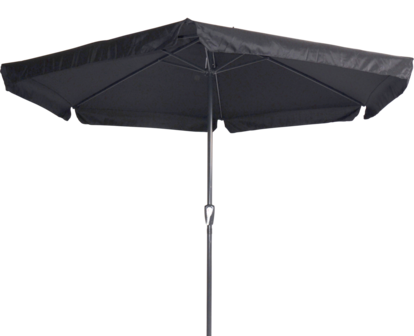 Ronde parasol Gemini, met antraciet frame en zwart doek met volan. Heeft een doorsnede van 3m. en 6 metalen baleinen. Met handige molen.