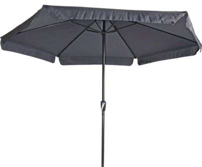 Ronde parasol Gemini, met antraciet frame en grijs doek met volan. Heeft een doorsnede van 3m. en 6 metalen baleinen. Met handige molen.
