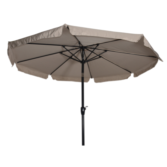 Ronde parasol Libra, met antraciet frame en knik. Ecru doek met volan, doorsnede van 3m. en 8 metalen baleinen. Met handige molen en veersysteem.