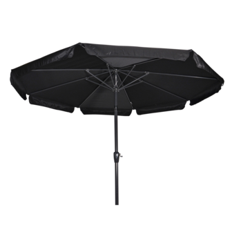 Ronde parasol Libra, met antraciet frame en knik. Zwart doek met volan, doorsnede van 3m. en 8 metalen baleinen. Met handige molen en veersysteem.
