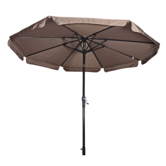 Ronde parasol Libra, met antraciet frame en knik. Taupe doek met volan, doorsnede van 3m. en 8 metalen baleinen. Met handige molen en veersysteem.