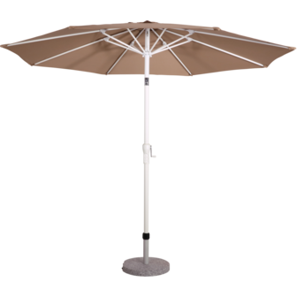 Ronde parasol Libra Sand.Mat-wit aluminium  frame met knik. Zandkleur doek zonder volan, doorsnede van 3m. met 8 metalen baleinen, handige molen en veersysteem.