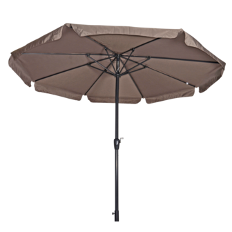 Ronde parasol Libra, met antraciet frame en knik. Taupe doek met volan, doorsnede van 3,5m. en 8 metalen baleinen. Met handige molen en veersysteem.