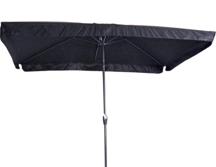 Rechthoekige parasol Libra, met antraciet frame en knik. Zwart doek met volan, 3 x 2m. en 6 metalen baleinen. Met handige molen en veersysteem.