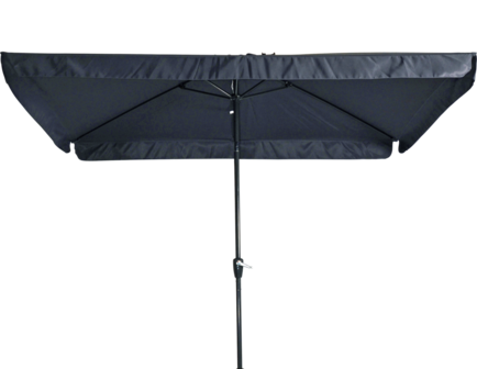 Rechthoekige parasol Libra, met antraciet frame en knik. Grijs doek met volan, 3 x 2m. en 6 metalen baleinen. Met handige molen en veersysteem.