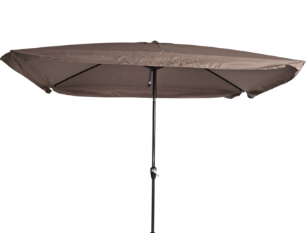 Rechthoekige parasol Libra, met antraciet frame en knik. Taupe doek met volan, 3 x 2m. en 6 metalen baleinen. Met handige molen en veersysteem.